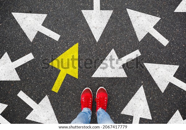 Person standing\
on the road to future life with many direction sign point in\
different ways and only yellow one. Decision making is very hard,\
but you have a choice and right\
way