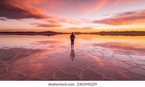 Person standing in salt lake during colorful sunset, epic mood beautiful travel photo - Powered by Shutterstock