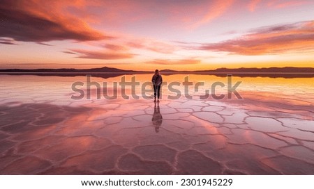 Person standing in salt lake during colorful sunset, epic mood beautiful travel photo