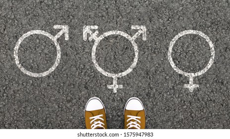 Person Standing With Transgender, Male And Female Gender Symbols Drawn On Asphalt Road. Overhead view