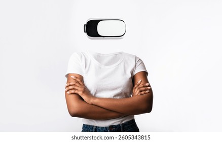 A person stands confidently with arms crossed, wearing a virtual reality headset that completely obscures their head.