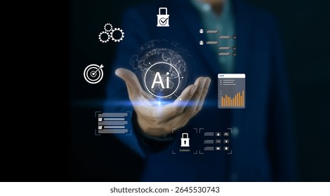 A person in a suit holds a glowing AI globe surrounded by digital icons representing data, security, analytics, and technology.