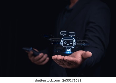 A person in a suit holds a phone, with a holographic AI chatbot icon appearing above their open palm.
