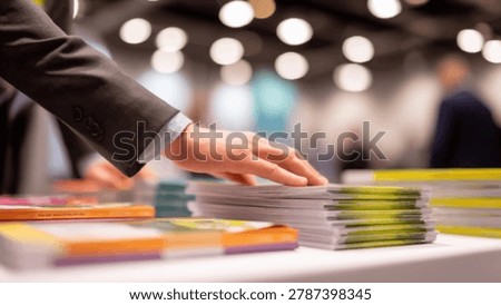 A person in a suit is selecting a brochure from a stack on a table at a professional gathering.