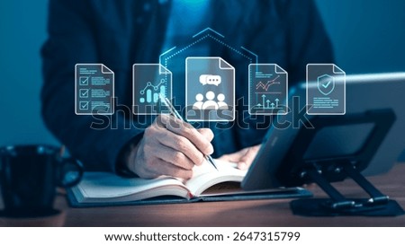 A person takes notes while digital icons representing various documents, data analysis, and team collaboration float above, illustrating efficient remote document handling
