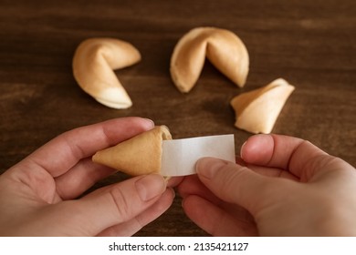 Person Taking Out Blank Note With Good Luck Wish From Fortune Cookie, Mockup