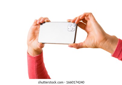 Person Taking Picture With Mobile Phone, Photo Isolated On White Background