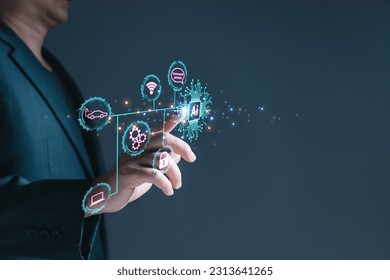 a person touch Ai chip.new technology big data and business process strategy, customer service management.Digital transformation change management,internet of things.cloud computing.Ai technology.
