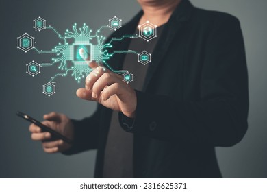 a person touch Ai chip.new technology big data and business process strategy, customer service management.Digital transformation change management,internet of things.cloud computing.Ai technology.