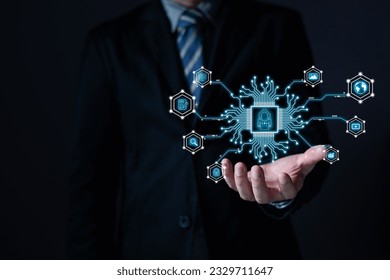 a person touch Ai chip.new technology big data and business process strategy, customer service management.Digital transformation change management,internet of things.cloud computing.Ai technology.