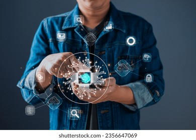 person is touch an Ai chip.new technology bigdata and business process strategy,customer service management.Digital transformation change management,internet of things.cloud computing.Ai technology.