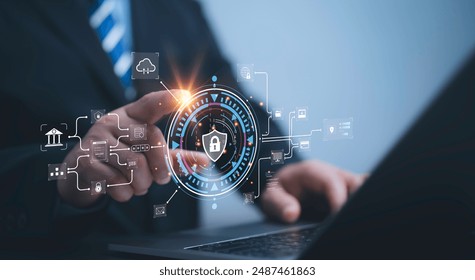 Person touches virtual shield, representing secure access and encrypted connections, with password-protected system and storage, illustrating cybersecurity technology and data protection on internet.