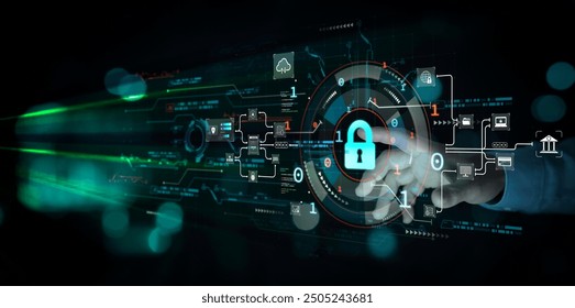 Person touches virtual shield; representing secure access and encrypted connections; with password-protected system and storage; illustrating cybersecurity technology and data protection on internet. - Powered by Shutterstock