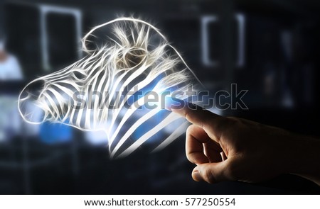 Person touching with his finger fractal endangered zebra illustration 3D rendering