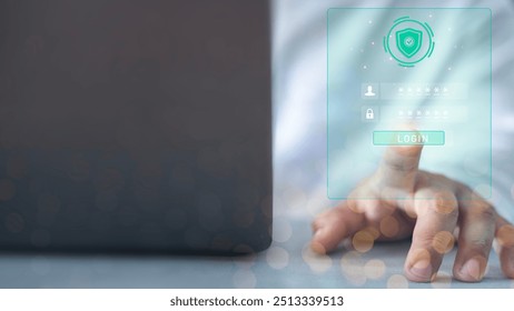 A person is touching a laptop screen with a green shield on it. The shield is labeled "login" and the person is pressing the button - Powered by Shutterstock