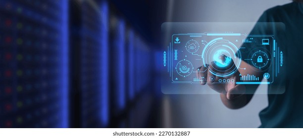 Person touching on cloud computing technology icons concept, big data and data science, analyzing and visualizing complex, quantum computing, business analytics, network, AI concept, cyber security.