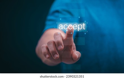 A person is touching text on a virtual image. To agree on the terms, concepts, and management of digital transformation. Internet of Things, big data and business processes, automation, storage