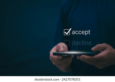 A person is touching text on a virtual image. To agree on the terms, concepts, and management of digital transformation. Internet of Things, big data and business processes, automation, storage