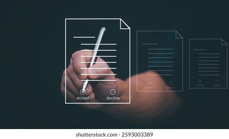 A person is touching text on a virtual image. To agree on the terms, concepts, and management of digital transformation. Internet of Things, big data and business processes, automation, storage - Powered by Shutterstock - Get 15% off with code: PIKWIZARD15