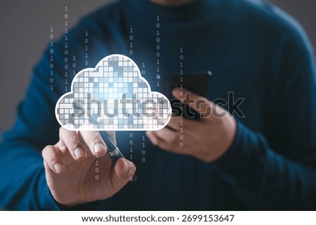 Person touching virtual cloud icon with binary code, representing cloud computing, online data storage, digital network, information technology, and modern innovation in data management systems.