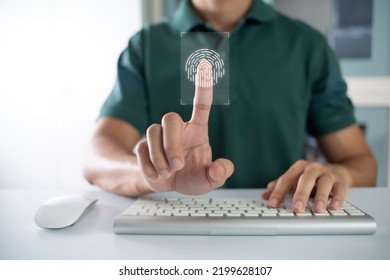 Person touching virtual screen to scan fingerprints, digital transformation management concept. Internet of Things, Big Data and Business Processes, Automation, Storage Systems, Cloud Computing