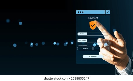 Person touching virtual secure payment form, modern digital interface style, on dark background with glowing light dots, concept of online security