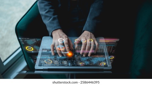 A person types on a laptop with digital holographic displays, illustrating technology and data analysis in a modern workspace.