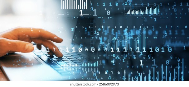Person typing on a laptop keyboard with binary code, graphs, and data analytics overlay on a blurred background. Concept of big data and cybersecurity