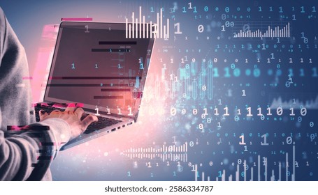 Person typing on laptop with virtual data, binary code, and stats overlay on abstract background. Concept of digital technology and analytics