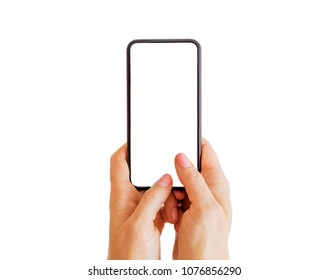 Person Typing Something On Phone With Empty White Screen. Mobile App Mockup.