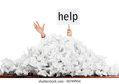 Person under crumpled pile of papers with hand holding a help sign isolated against a white background. - Powered by Shutterstock