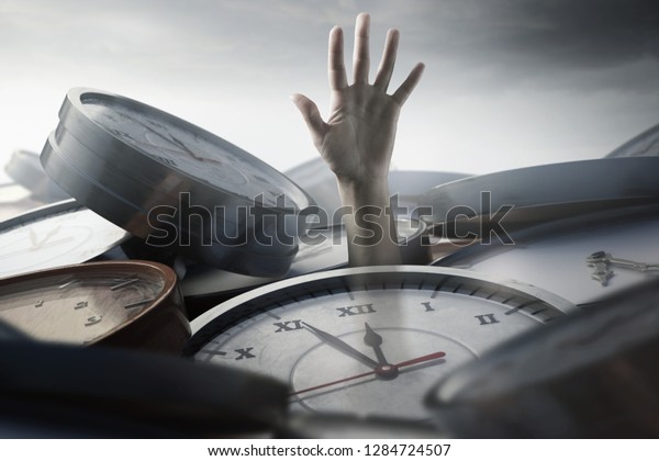 Person under\
time pressure is stuck between\
clocks