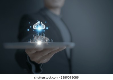 Person use cloud computing holographic. Cloud technology. Data storage. Networking and internet service to running in business and sharing data to customer and business partner 