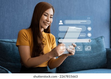 Person use customer service and support live chat with chatbot and automatic messages, Artificial intelligence, and CRM software technology. AI Chatbot smart digital customer service application.