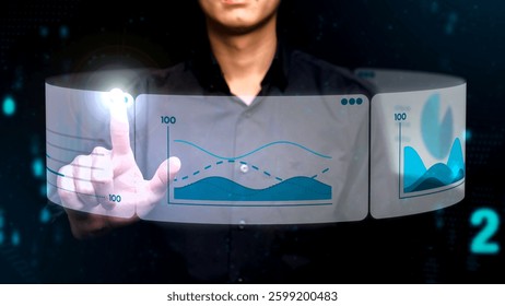 A person uses biometric authentication with a fingerprint scan, overlaid with futuristic digital data visualizations, including graphs and analytics in a high-tech interface.