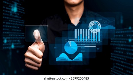 A person uses biometric authentication with a fingerprint scan, overlaid with futuristic digital data visualizations, including graphs and analytics in a high-tech interface.