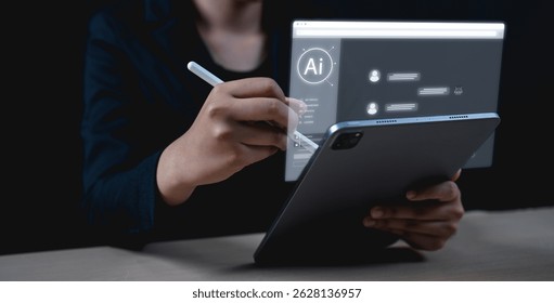 A person uses a stylus and tablet to interact with a futuristic AI interface, suggesting modern technology and digital innovation.