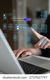 Person using AI agent workflow automation system data analysis technology innovation process algorithm deep learning node diagram personal assistant flowchart, digital online transformation concept