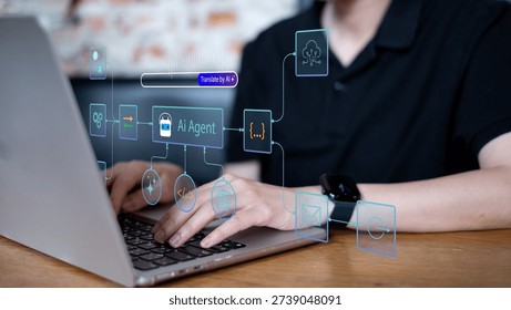 Person using AI agent workflow automation system technology innovation data analysis information network process algorithm dashboard application coding integration, business management concept