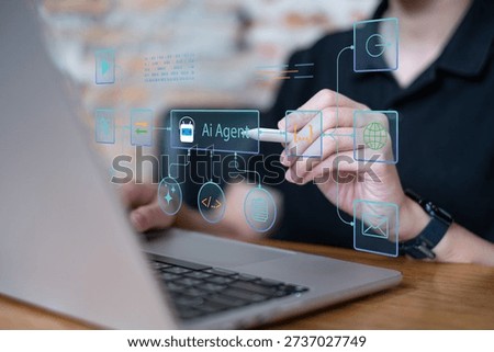 Person using AI agent workflow automation system technology innovation data analysis information network process algorithm dashboard application coding integration, business management concept