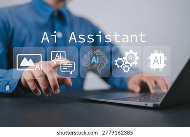 Person using AI assistant interface on laptop, representing artificial intelligence in daily life, smart technology, virtual assistance, and productivity enhancement tools.