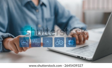Person using AI assistant interface on laptop with digital icons, concept of artificial intelligence in everyday life, smart technology, and virtual assistant productivity tools.