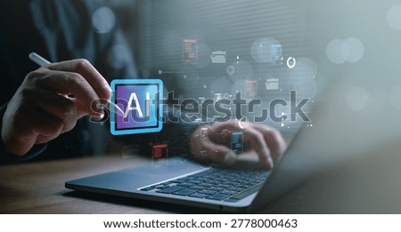 Person using AI interface with connected data workflow on laptop, representing artificial intelligence automation, data processing, digital transformation, smart systems, and business technology.