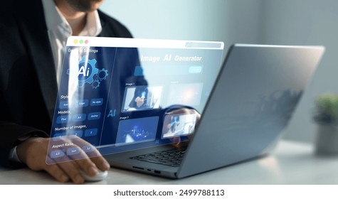 Person using AI software to generate images with  futuristic platform user interface. Image AI generator conceptArtificial Intelligence Image Content Generator.AI image creation service technology.