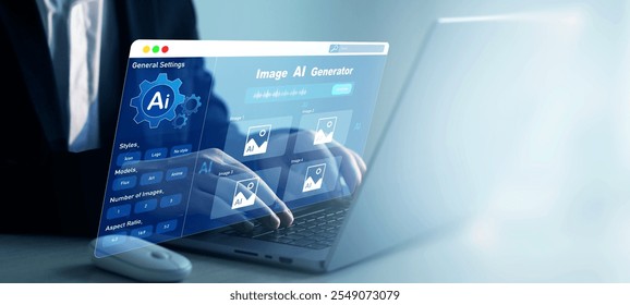 Person using AI software to generate images with futuristic platform user interface. Image AI generator conceptArtificial Intelligence Image Content Generator.AI image creation service technology.	
