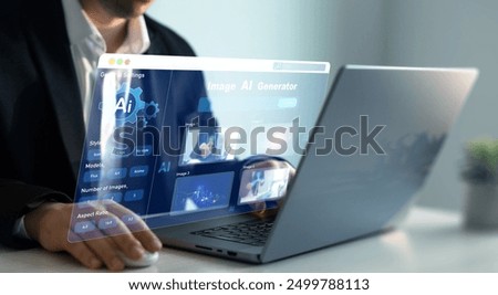 Person using AI software to generate images with  futuristic platform user interface. Image AI generator conceptArtificial Intelligence Image Content Generator.AI image creation service technology.