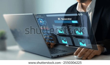 Person using AI software to generate images with futuristic platform user interface. Image AI generator conceptArtificial Intelligence Image Content Generator.AI image creation service technology.