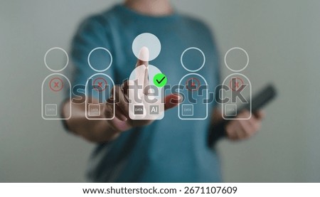 Person using AI technology to select the right candidate from database digital profiles. Smart AI recruitment tools and automated decision making system. HR recruiting personnel with AI skills.