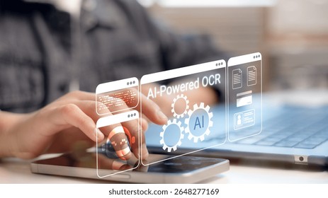 Person using AI-powered OCR technology on smartphone and laptop with virtual interface, representing intelligent document scanning, text recognition, and automation processing tools. - Powered by Shutterstock - Get 15% off with code: PIKWIZARD15