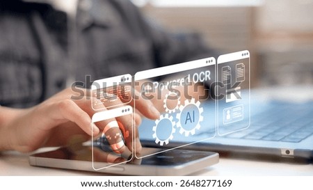 Person using AI-powered OCR technology on smartphone and laptop with virtual interface, representing intelligent document scanning, text recognition, and automation processing tools.